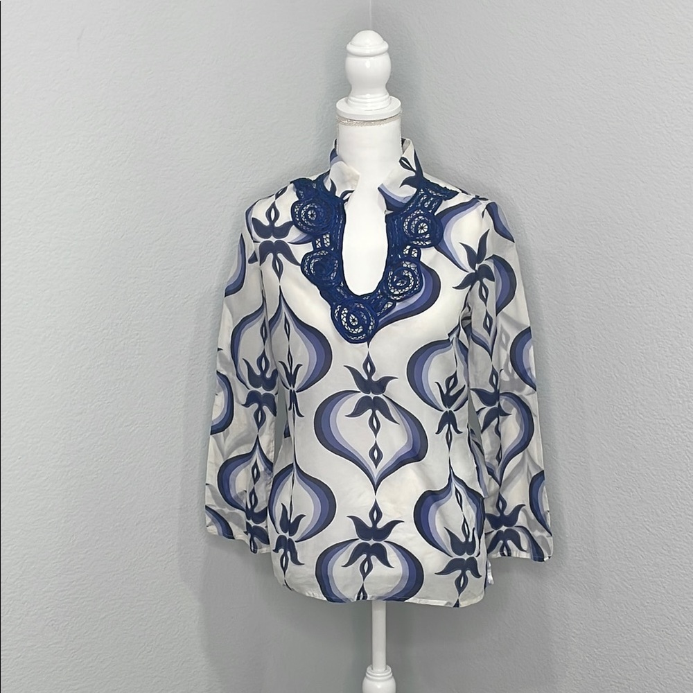 Boston Proper White and Blue Bib Collar Blouse